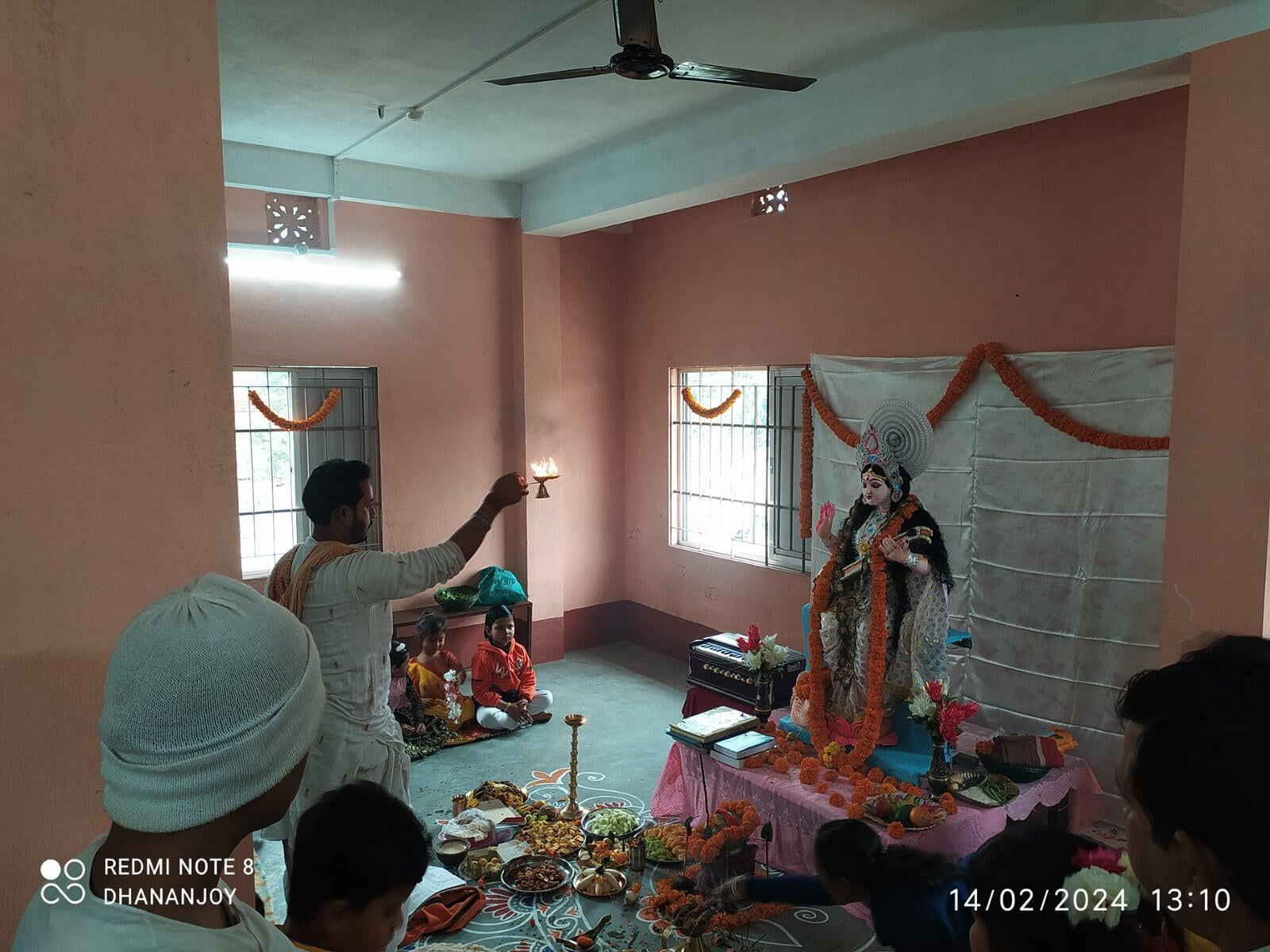The worship of Goddess Saraswati was performed at our Shishuvidya Pith of Ramakrishna Math, Mekhliganj on Wednesday 14th February 2024